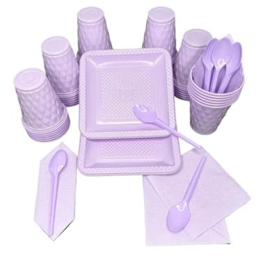 Imagem de Conjunto para festa de aniversário com 180 peças Pratos, copos, colheres e guardanapos em tons doces Serve 40 convidados(Lilas Candy)