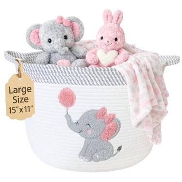 Imagem de Cesta de armazenamento de elefantes para berçário – Caixa grande de corda de algodão de 38 cm x 28 cm com emblema de elefante de feltro macio – Organizador de brinquedos, cesto de roupa suja para bebê