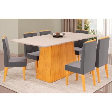 Imagem de Cozinha Completa Dulce Tampo Madeirado Com Vidro Reto 180x90cm E 6 Cadeiras Lia Cedro Off White Suede Lunar