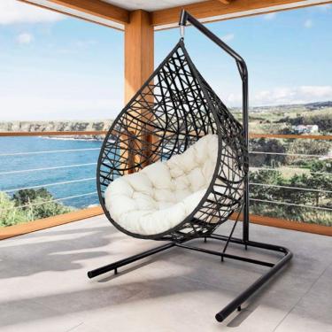 Imagem de Cadeira Balanço Ninho Suspenso Gota Tramado Almofada Impermeável Acesse Móveis Preto C- Branco Gelo