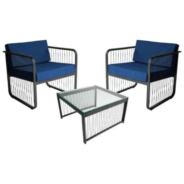 Imagem de Conjunto 2 Poltronas E Mesa Centro Fibra Sintética Santiago Preto-azul
