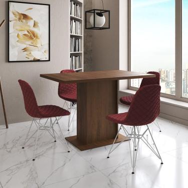 Imagem de Mesa Jantar Londres Tampo Amêndoa 120Cm 4 Cadeiras Ferro Branco Estofado Vermelho