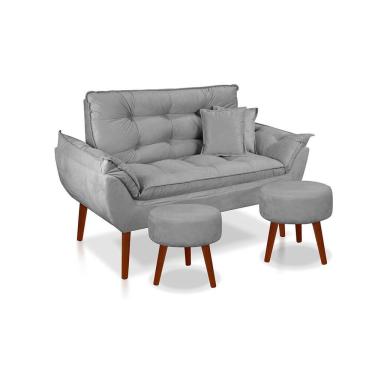 Imagem de Kit C- 01 Namoradeira Opala + 02 Puffs Redondo Danny + 02 Almofadas Suede Cinza Claro