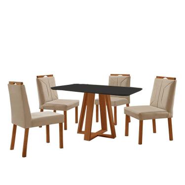 Imagem de Conjunto Sala De Jantar Mesa Floripa 120x80cm Preto Com 4 Cadeiras Luna Veludo Bege