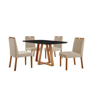Imagem de Conjunto Sala De Jantar Mesa Florença 140x80cm Preto Com 4 Cadeiras Dallas Linho Bege