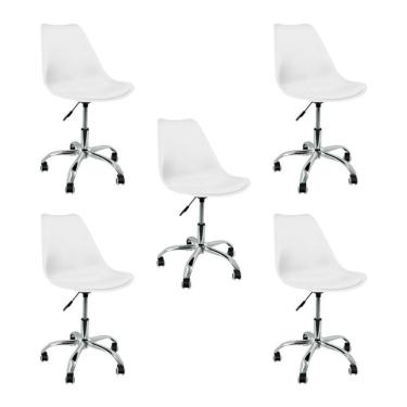 Imagem de Kit 5 Cadeiras Leda Office Luisa Saarinen Estofada Base Giratória Cromada - Branca