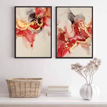 Imagem de Quadros Mármore Vermelho/Dourado - Kit 2, Moldura Branca