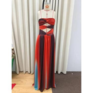 Imagem de Vestido Maxi Feminino Tie-Dye Gradiente Ombro a Ombro Elegante Com Bai