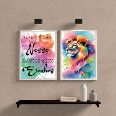 Imagem de Kit 2 Quadros Leão Aquarela 45x34cm Madeira Branca - Quadros On-Line