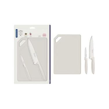 Imagem de Conjunto de Facas e Tábua de Corte Tramontina Plenus em Aço Inoxidável - Off-White - 3 Peças