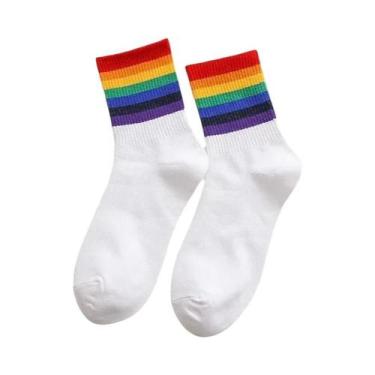 Imagem de Meias Femininas Cano Alto Listradas Arco-Íris - Estilo Fofo e Moderno 