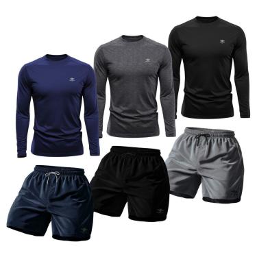 Imagem de Kit 3 Camisetas Dry Manga Longa Proteção Uv E Short Mauricinho Academia Verão Praia Básico-Masculino