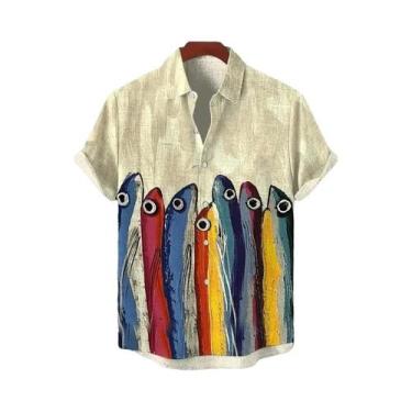 Imagem de Camisa Masculina Estilo Retrô Em Linho Respirável Com Estampa De Peixe