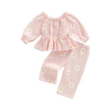Imagem de Conjunto De Roupa Infantil Para Meninas Com Camiseta Floral De Manga L