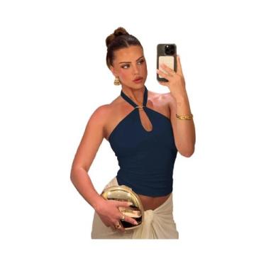Imagem de Top Cropped Feminino Halter Sem Costas Com Bandagem, Moda Casual De Ve