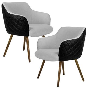 Imagem de Kit 02 Poltronas Decorativas Pés Palito Jade D02 Linho Cinza D-315 Tressê Corano Preto - Lyam Decor