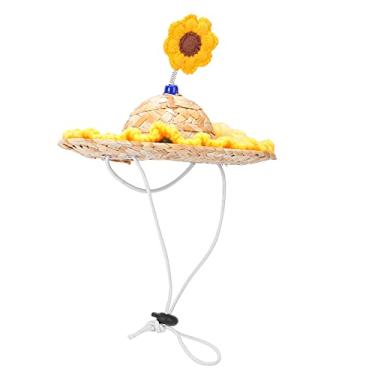 Imagem de Chapéu de proteção solar para animais de estimação, design de palha e flores Chapéu de palha tecido para animais de estimação Material respirável Design elegante para cães e(Flor amarela, S)