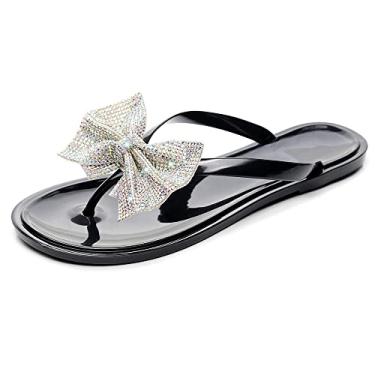 Imagem de TangDao Chinelos femininos Jelly com strass gravata borboleta chinelos de praia para o verão, Preto, 36