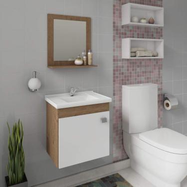 Imagem de Gabinete Para Banheiro com Cuba e Espelheira 1 Porta 1 Prateleira Íris MGM Móveis Amêndoa/Branco