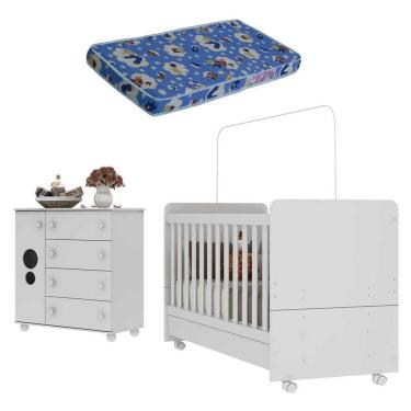 Imagem de Quarto Infantil Berço com Colchão Incluso e Cômoda Multimóveis Pimpolho FG3570 Branco