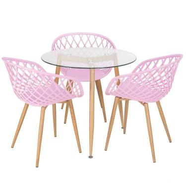 Imagem de Mesa Redonda Tampo De Vidro 80 Cm + 3 Cadeiras Rosa Claro