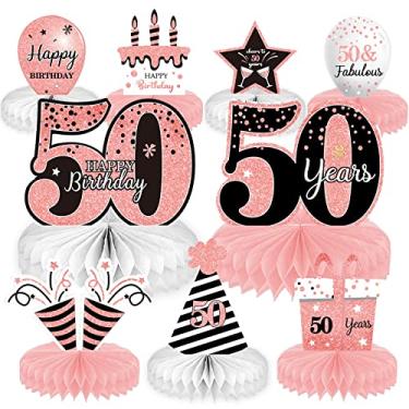 Imagem de 9 peças de decorações de aniversário de 50 anos de ouro rosa para mulheres centro de mesa rosa de 50 anos para decorações de mesa, brinde a 50 anos, decoração de festa de aniversário de 50 anos,