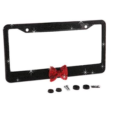 Imagem de Placa de carro Neobling Fashion feita à mão à prova d'água com armação preta gravata borboleta vermelha brilhante brilhante de cristal para carro de strass de luxo/caminhão/SUV suporte para placa de licença (1 moldura)