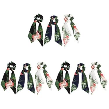 Imagem de 9 peças de laços de borla para faixa de orelha estilo verde laço padrão corda de cabelo suporte tropical cordas anel feminino flamingo coelho apertados acessório com lenço de rabo de cavalo