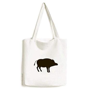 Imagem de Bolsa de lona preta com retrato de animal de javali bonito bolsa de compras casual bolsa de mão