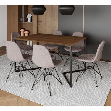 Imagem de Mesa Industrial Retangular Base V 137x90cm Amêndoa 6 Cadeiras Eames Aço Preto Estofadas Nude Médio