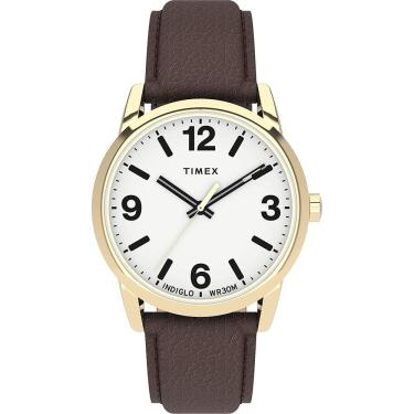 Imagem de Relógio de 38mm easy reader masculino da Timex - Mostrador branco de caixa de tons dourados com cinta de couro marrom