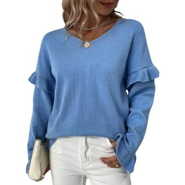 Imagem de Suéter feminino de malha de cor lisa com babados e manga comprida com decote em V, Azul, GG