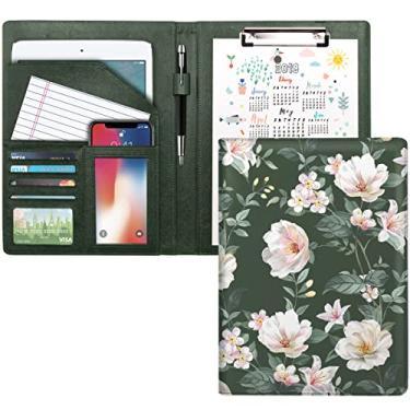 Imagem de WAVEYU Capa carteira para mulheres, capa padfolio para meninas, organizador de conferências/currículos/documentos legais com carta/prancheta tamanho A4, porta-cartões de visita, flor verde