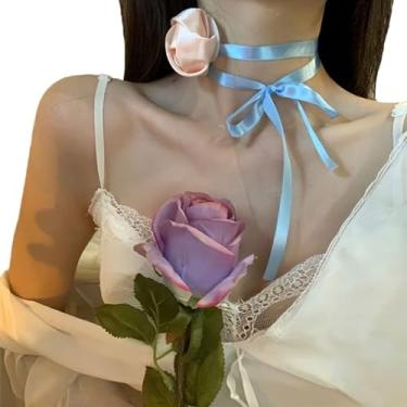 Imagem de WANGFUFU Colar gargantilha de flores material de tecido macio gargantilha de flores rosa fita colares acessórios de pano para mulheres adolescentes meninas colar de fita rosa