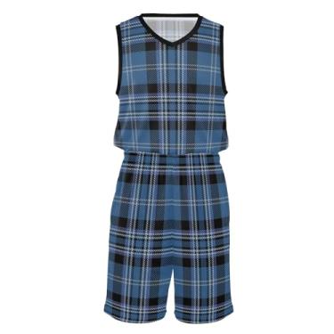 Imagem de Shorts de basquete escocês xadrez preto azul tartan conjunto de camisetas de time de basquete para meninos shorts de academia masculino basquete, Multi, GG