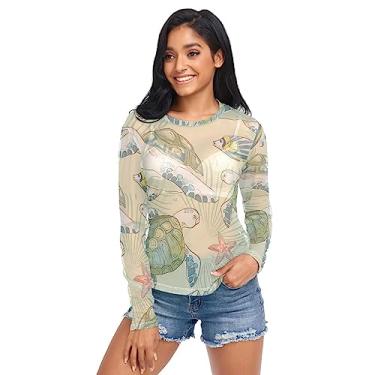 Imagem de Camiseta feminina de malha transparente com gola redonda e estampa de tartarugas marinhas, Tartaruga marinha, vida marinha verde, P