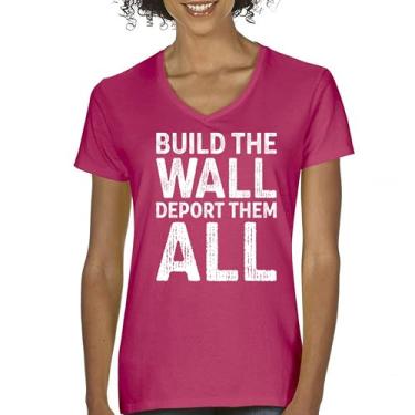 Imagem de Camiseta feminina Build The Wall Deport Them All Trump 2024 gola V Imigração ilegal MAGA America First President 45 47, Rosa choque, XXG