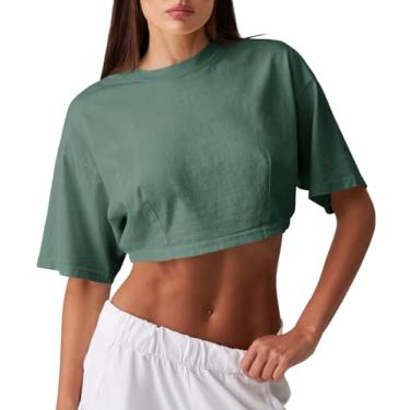 Imagem de Fisoew Camisetas femininas de algodão manga curta atléticas verão solo básico para treino, Verde escuro, XXG