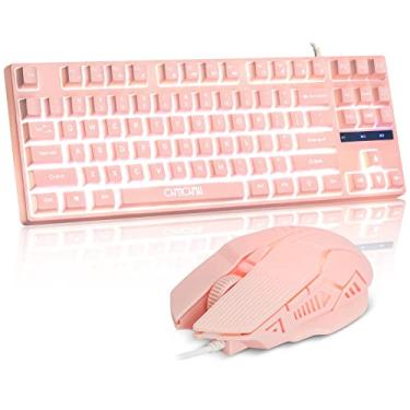 Imagem de CHONCHOW Combo de teclado e mouse de LED, teclado com fio de 87 teclas com sensação mecânica anti-ghosting com teclas multimídia para Windows, Mac Desktop/Laptop/PC (rosa)