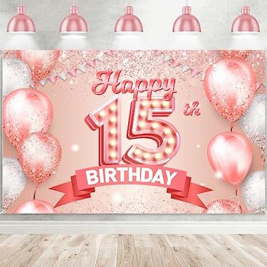 Imagem de Happy 15th Birthday Banner ouro rosa Cheers to 15 anos de idade pano de fundo confete balões tema decoração decorações para meninas 15 anos de idade rosa suprimentos de festa de aniversário aniversário lembrancinhas presente glitter