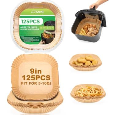 Imagem de Ctizne Forros descartáveis de papel para fritadeira a ar, 125 peças, forro de papel pergaminho quadrado grande, papel de cozimento antiaderente para 2,5 litros - cesta de fritadeira a ar de 12 litros