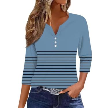Imagem de Camisetas femininas de verão listradas Henley blusas de manga 3/4 de comprimento solto túnica color block, Y1 - azul, GG