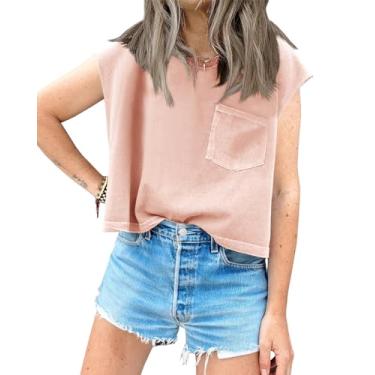 Imagem de Tankaneo Regata feminina cropped de manga cavada para o verão, folgada, casual, básica, gola redonda com bolsos, rosa, P