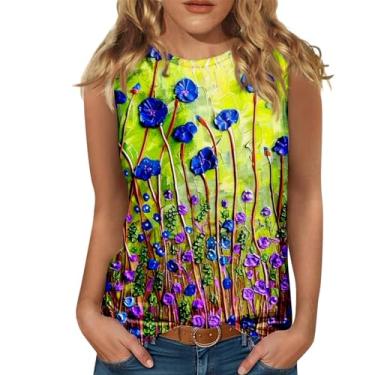 Imagem de Camiseta regata feminina com estampa floral, frente única, sem mangas, verão, casual, folgada, túnica, boho, férias, Amarelo, 3G
