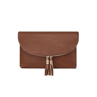 Imagem de Solene Bolsa de mão feminina envelope com vários compartimentos, 6 compartimentos para cartão dentro, bolsa transversal com borlas, Café, Small