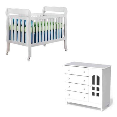 Imagem de Berço Americano Lila E Cômoda Infantil Selena Branco Brilho - Carolina