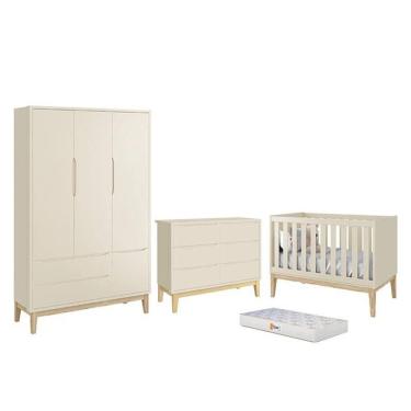 Imagem de Dormitório Completo Infantil Classic 3 Portas, Cômoda 6 Gavetas, Berço com Pés Madeira Natural e Colchão D18 - Reller Móveis