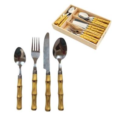 Imagem de Faqueiro Bambu Aço Inox 24pç com Caixa Bon Gourmet - BonGourmet, Bege,