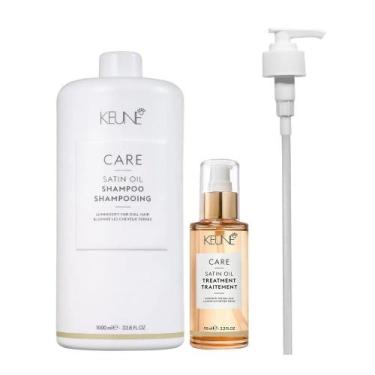 Imagem de Kit Keune Satin Oil Shampoo 1000ml + Óleo 95ml + Válvula Pump