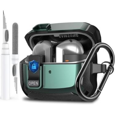 Imagem de Capa para Galaxy Buds 3 Pro/3/3 FE com clipe de trava segura, à prova de choque para Samsung Galaxy Buds3/3 Pro 2024/3 FE 2025, capa rígida protetora com mosquetão e kit de limpeza para homens e